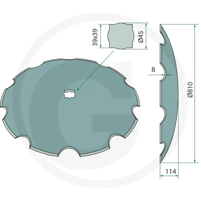 EGGESCHIJF GETAND 810MM BUITENØ, 10 TANDEN, 114MM BUIGING